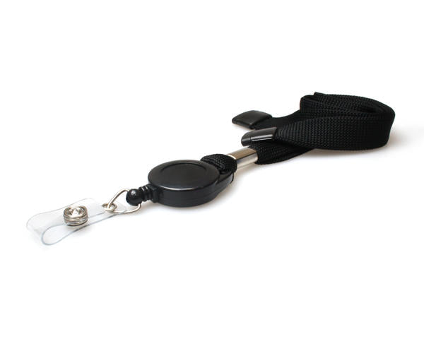 50 Pack 16mm Black Tubular Flexiweave Breakaway Lanyards with attached Mini Yoyo Card Reel & Clear Vinyl Strap
