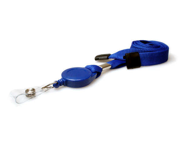 50 Pack 16mm Mid Blue Tubular Flexiweave Breakaway Lanyards with attached Mini Yoyo Card Reel & Clear Vinyl Strap