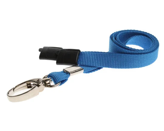 100 Pack 10mm Recycled Light Blue Lanyards with Breakaway and Metal Lobster Clip